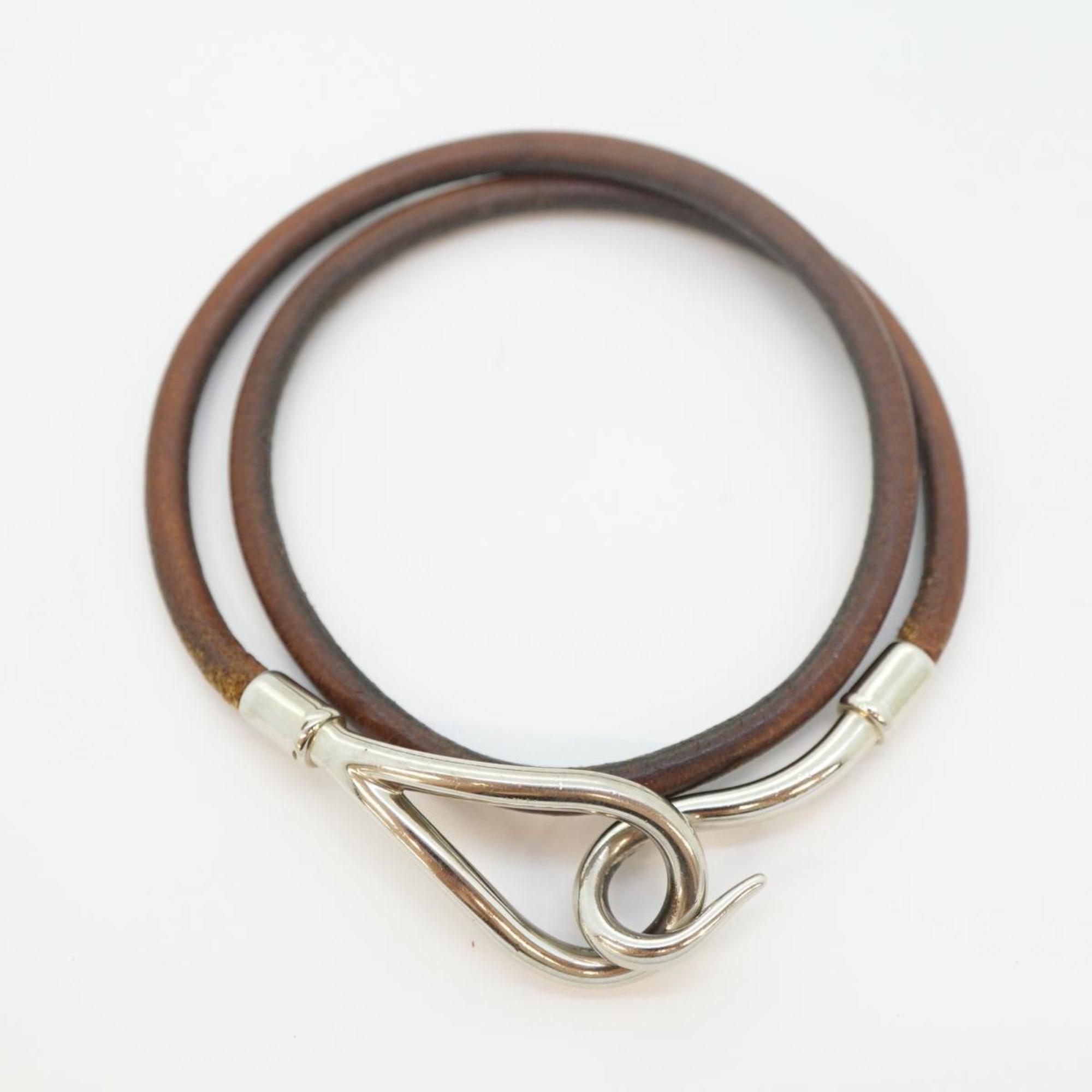 Hermes Bracelet Jumbo Hook Metal Material Leather Silver Brown Men Women