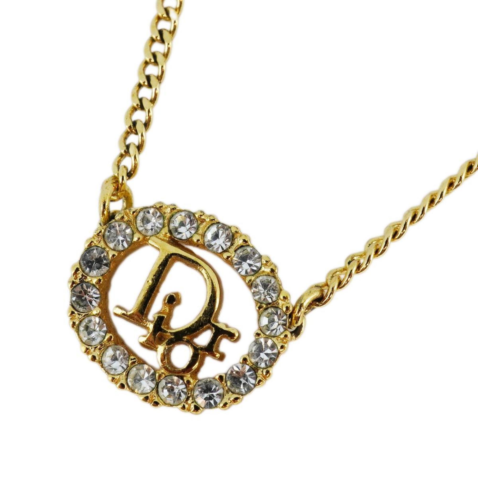 Christian Dior Necklace Oval Rhinestone GP Plated Gold Women's