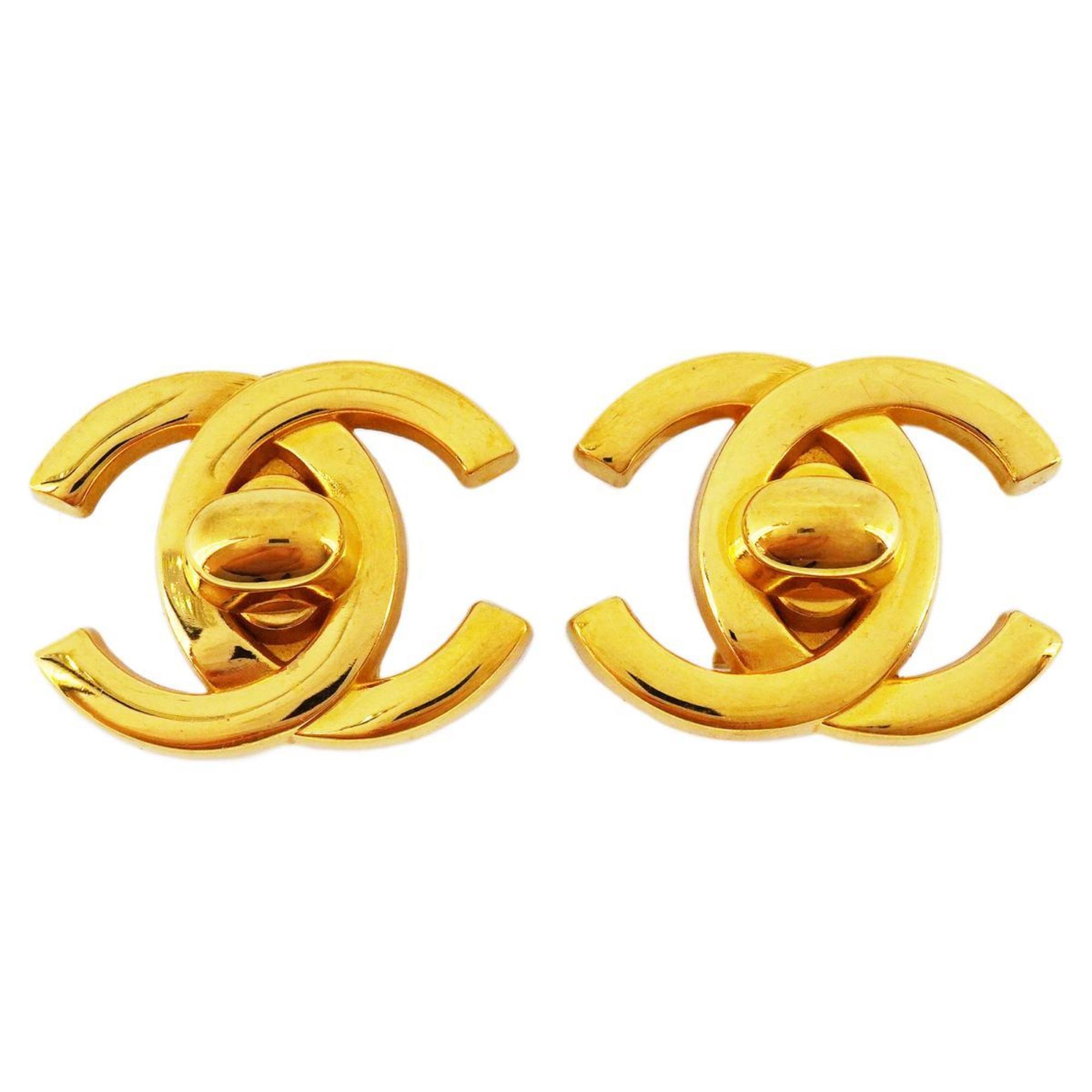 Chanel Earrings Turn Lock GP Plated Gold 95A Women's