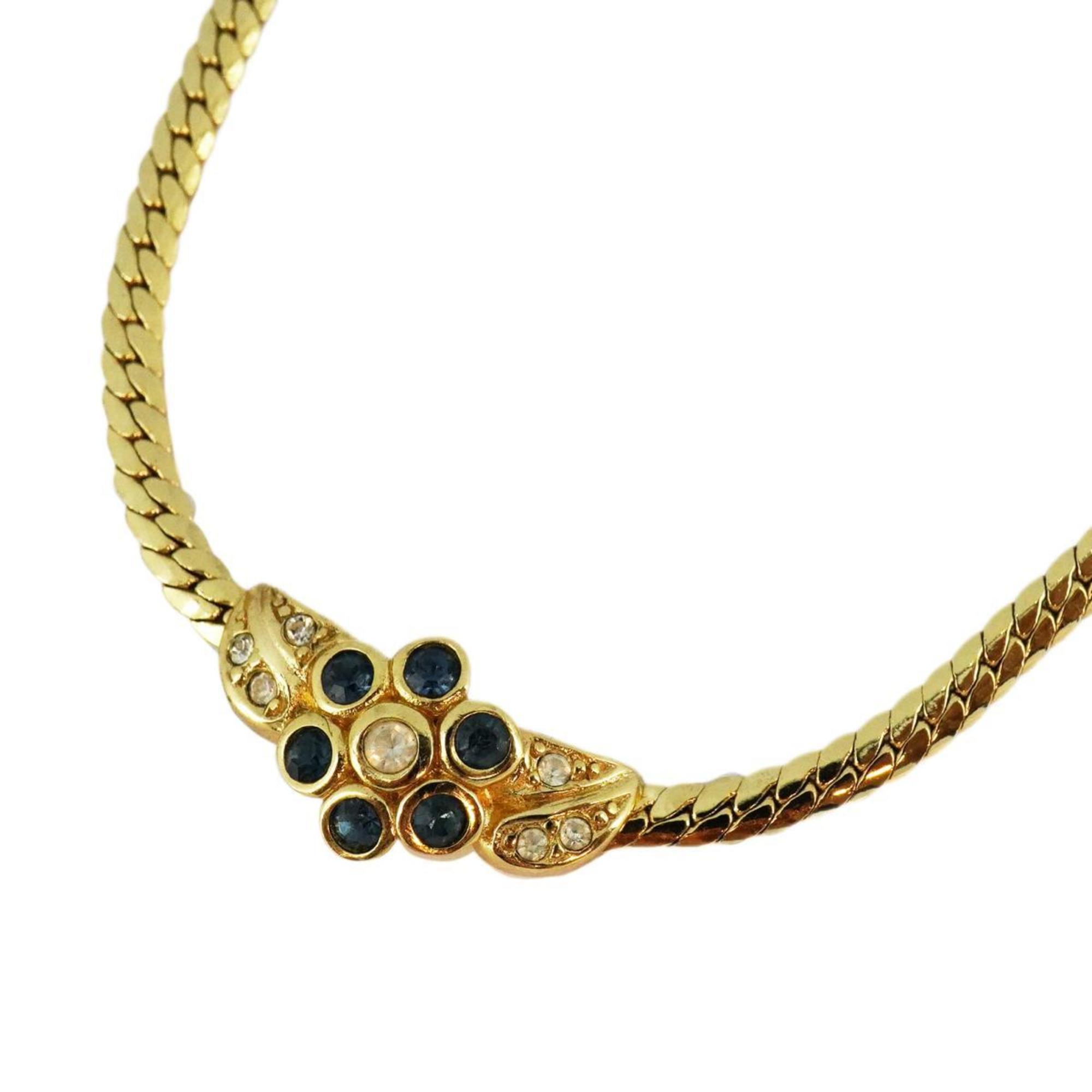 Christian Dior Necklace Flower Motif Rhinestone GP Plated Gold Blue Women's