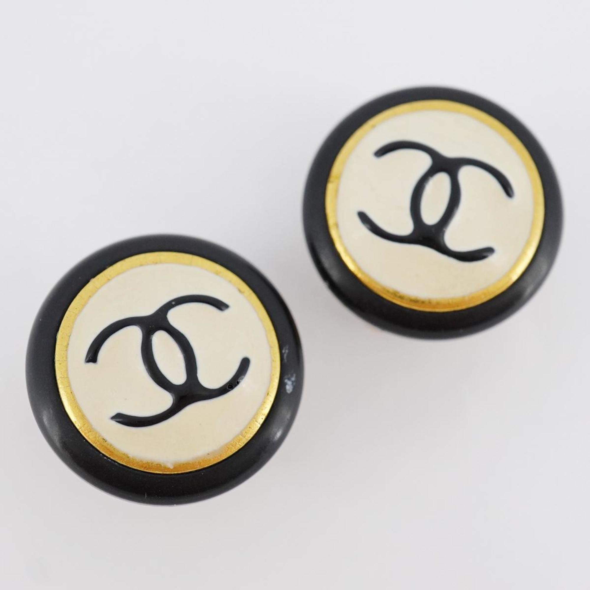 Chanel Earrings Coco Mark Circle GP Plated Gold White Black 95A Women's