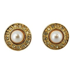 Christian Dior Earrings Circle Faux Pearl Rhinestone GP Plated Gold Women's