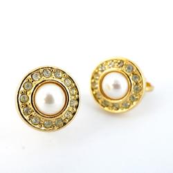 Christian Dior Earrings Circle Faux Pearl Rhinestone GP Plated Gold Women's