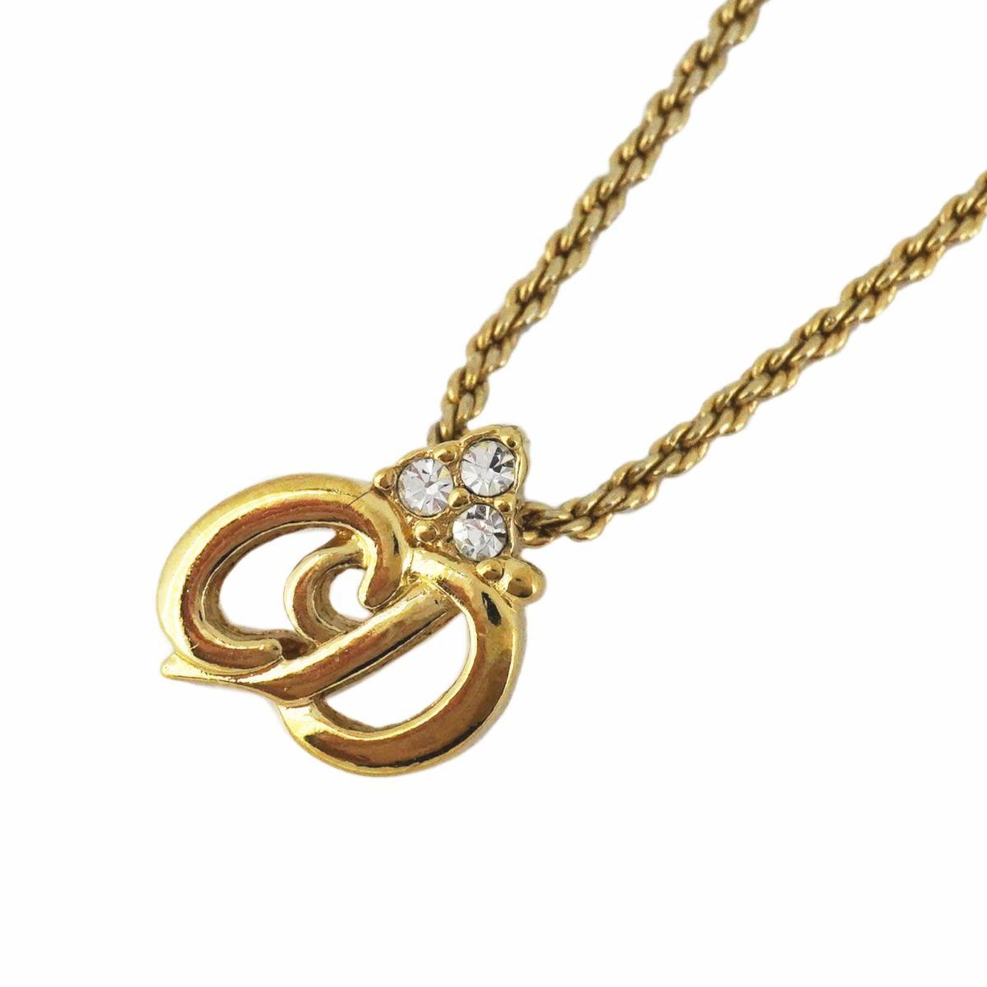 Christian Dior Necklace CD Rhinestone GP Plated Gold Women's