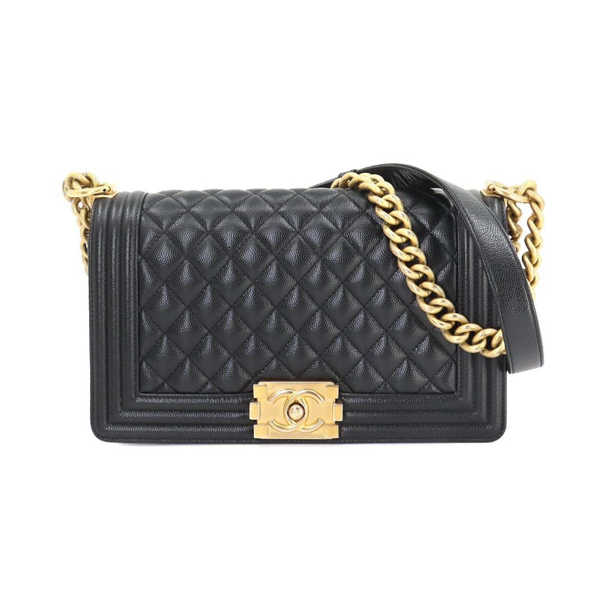 CHANEL Boy Chanel Chain Shoulder Bag Caviar Skin Black A67086 Gold Metal Fittings