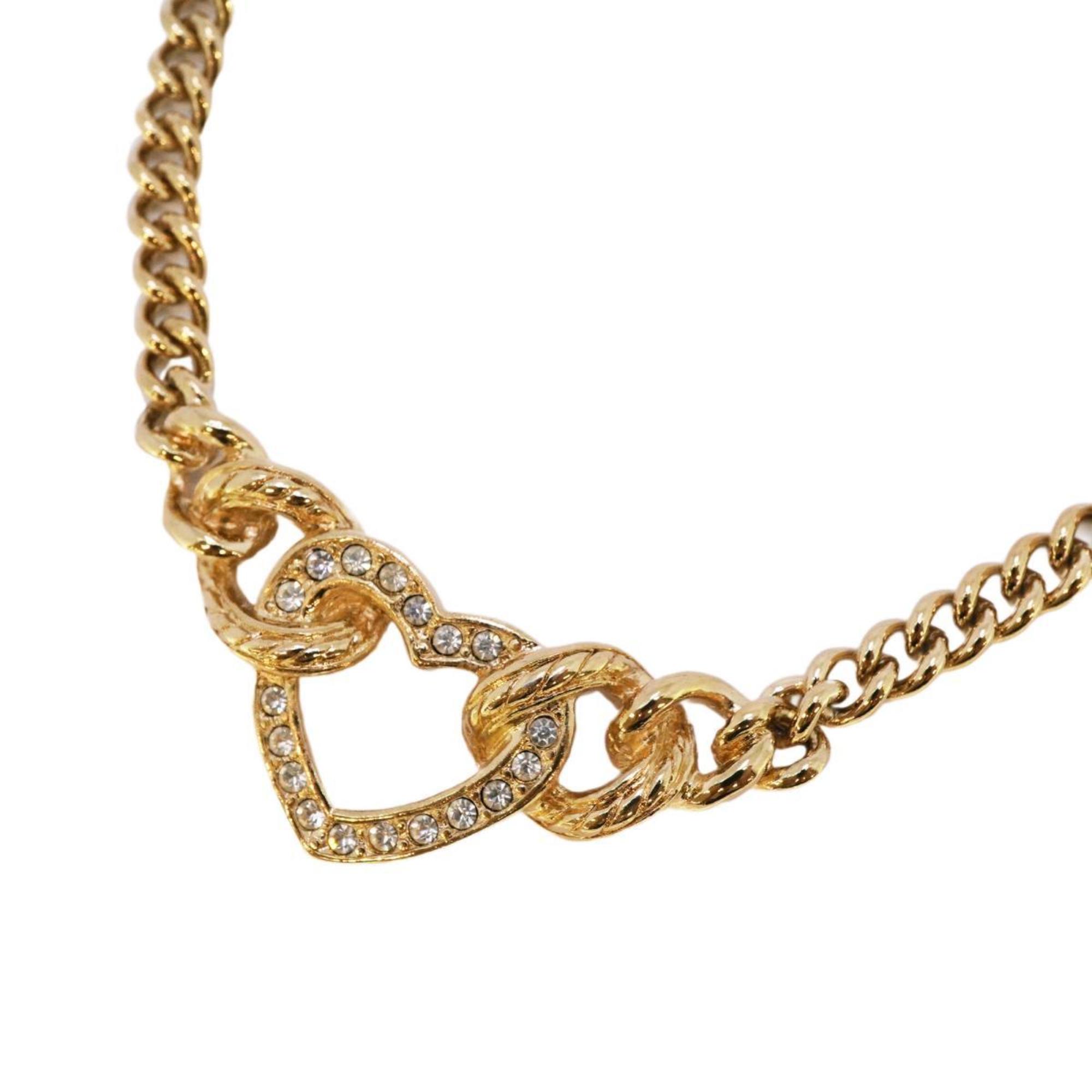 Christian Dior Necklace Heart Motif Chain Rhinestone GP Plated Gold Women's