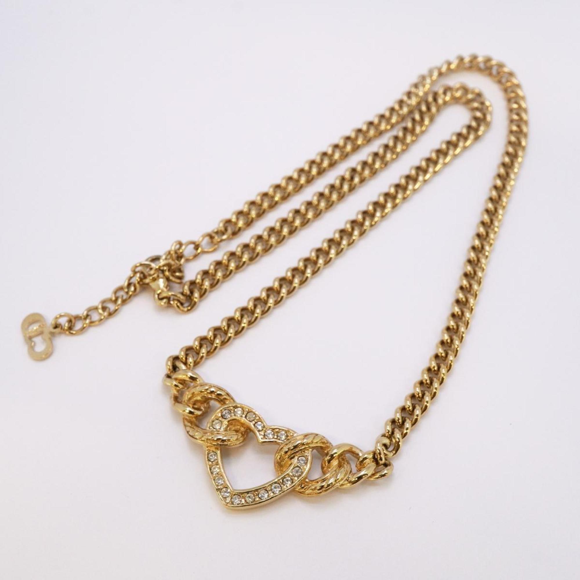 Christian Dior Necklace Heart Motif Chain Rhinestone GP Plated Gold Women's