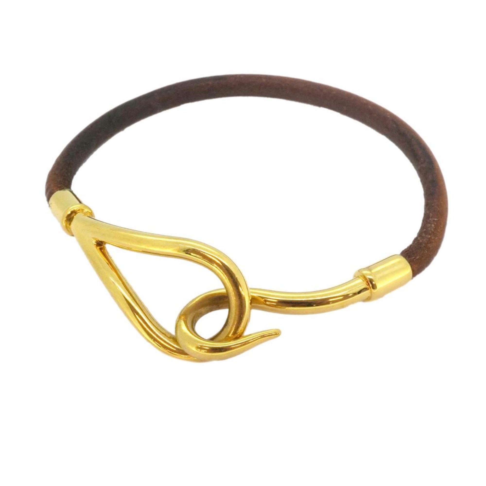 Hermes Bracelet Jumbo Hook GP Plated Leather Gold Brown Women's