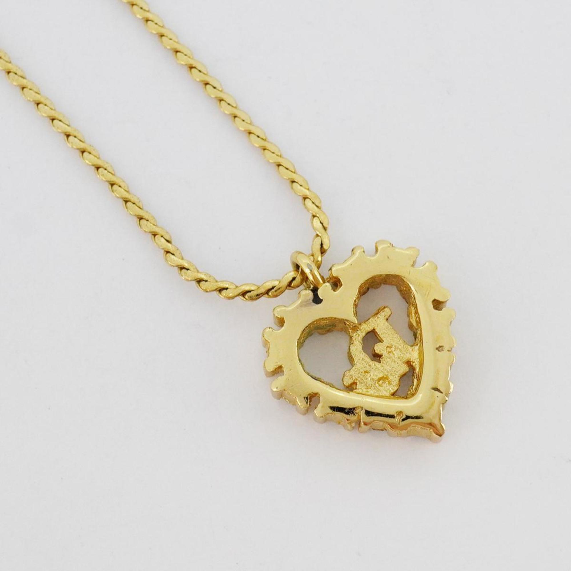 Christian Dior Necklace Heart Motif Rhinestone GP Plated Gold Women's