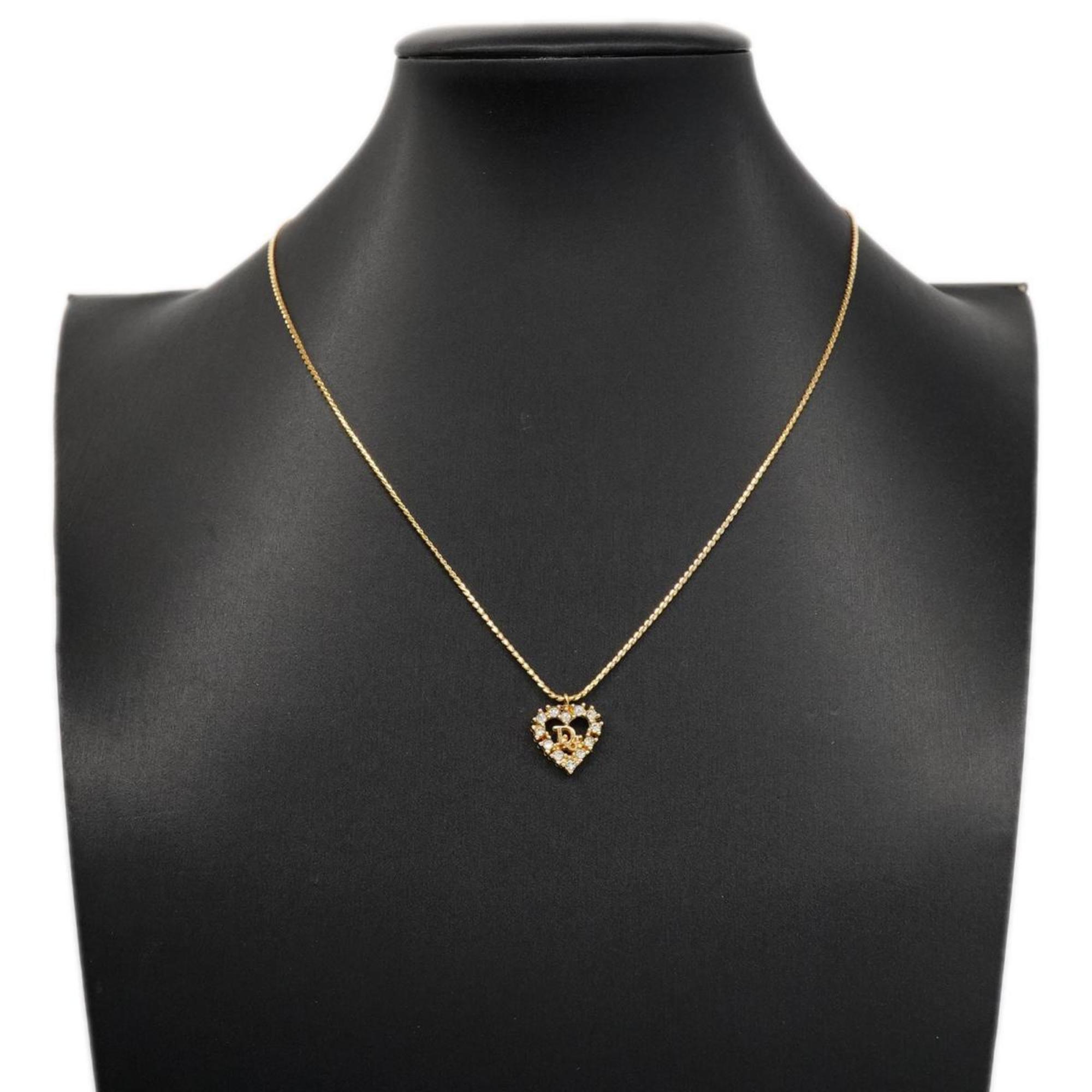 Christian Dior Necklace Heart Motif Rhinestone GP Plated Gold Women's