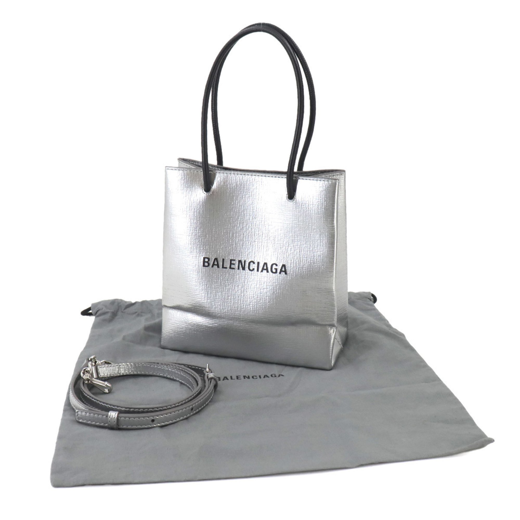 BALENCIAGA Tote XXS 2way Shoulder Bag Leather Silver 597858 Shopping