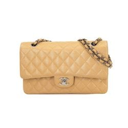 CHANEL Matelasse 25 Chain Shoulder Bag Caviar Skin Beige A01112 Silver Metal Fittings Coco Mark