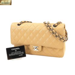 CHANEL Matelasse 25 Chain Shoulder Bag Caviar Skin Beige A01112 Silver Metal Fittings Coco Mark