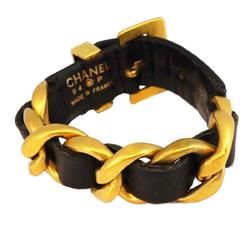 Chanel Bracelet GP Plated Leather Gold Black 94P Women's