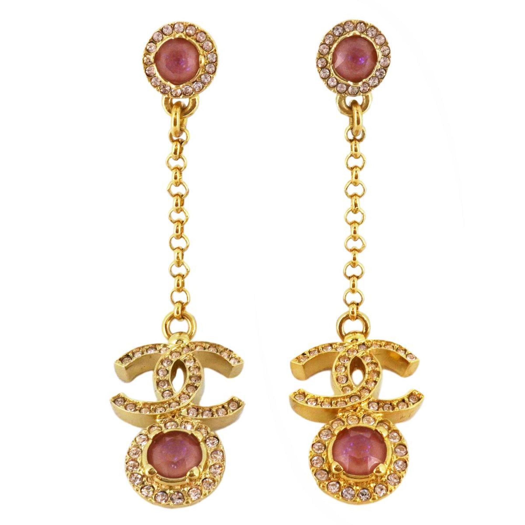 Chanel Earrings Coco Mark Rhinestone Color Stone GP Plating Champagne Gold Pink C23B Women's