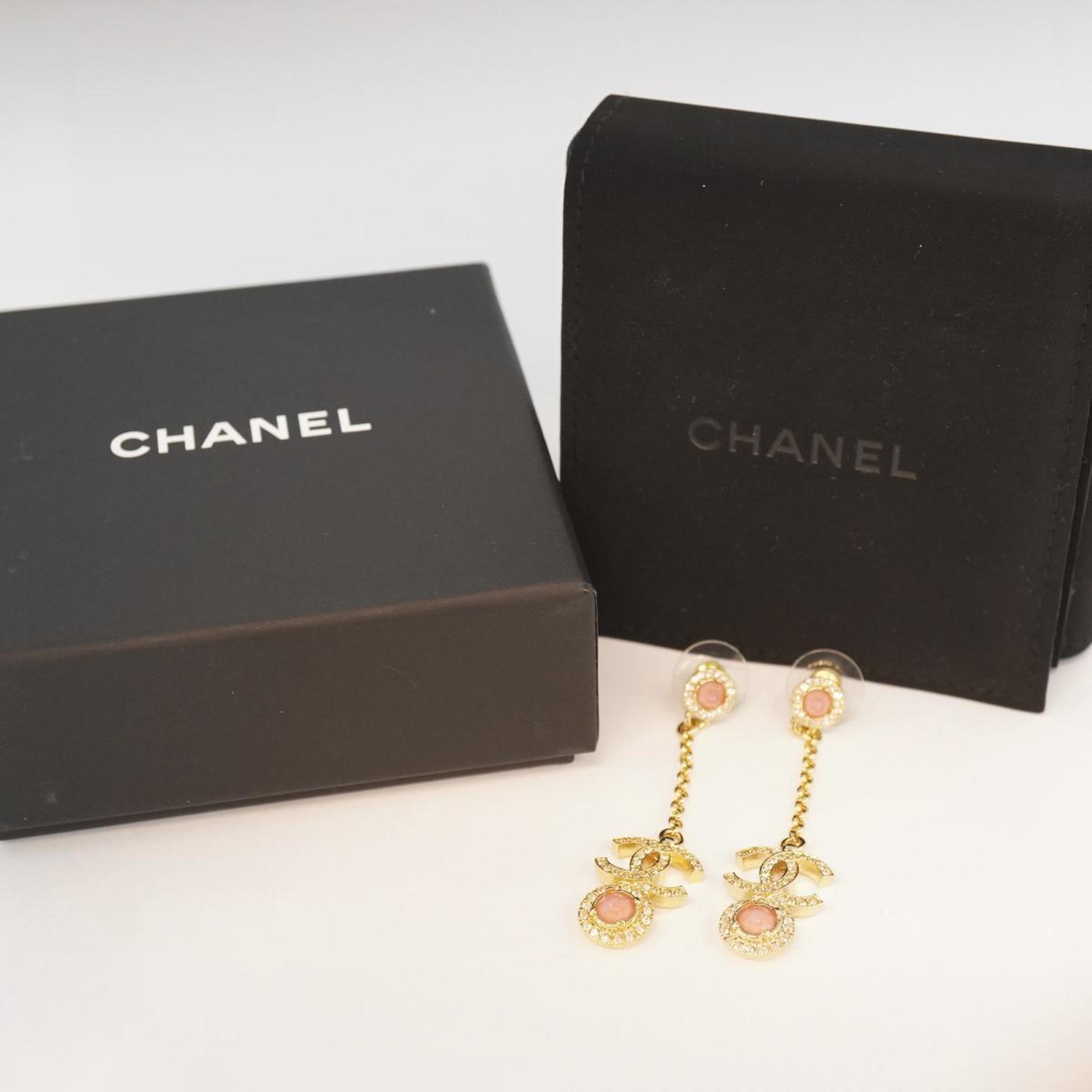 Chanel Earrings Coco Mark Rhinestone Color Stone GP Plating Champagne Gold Pink C23B Women's