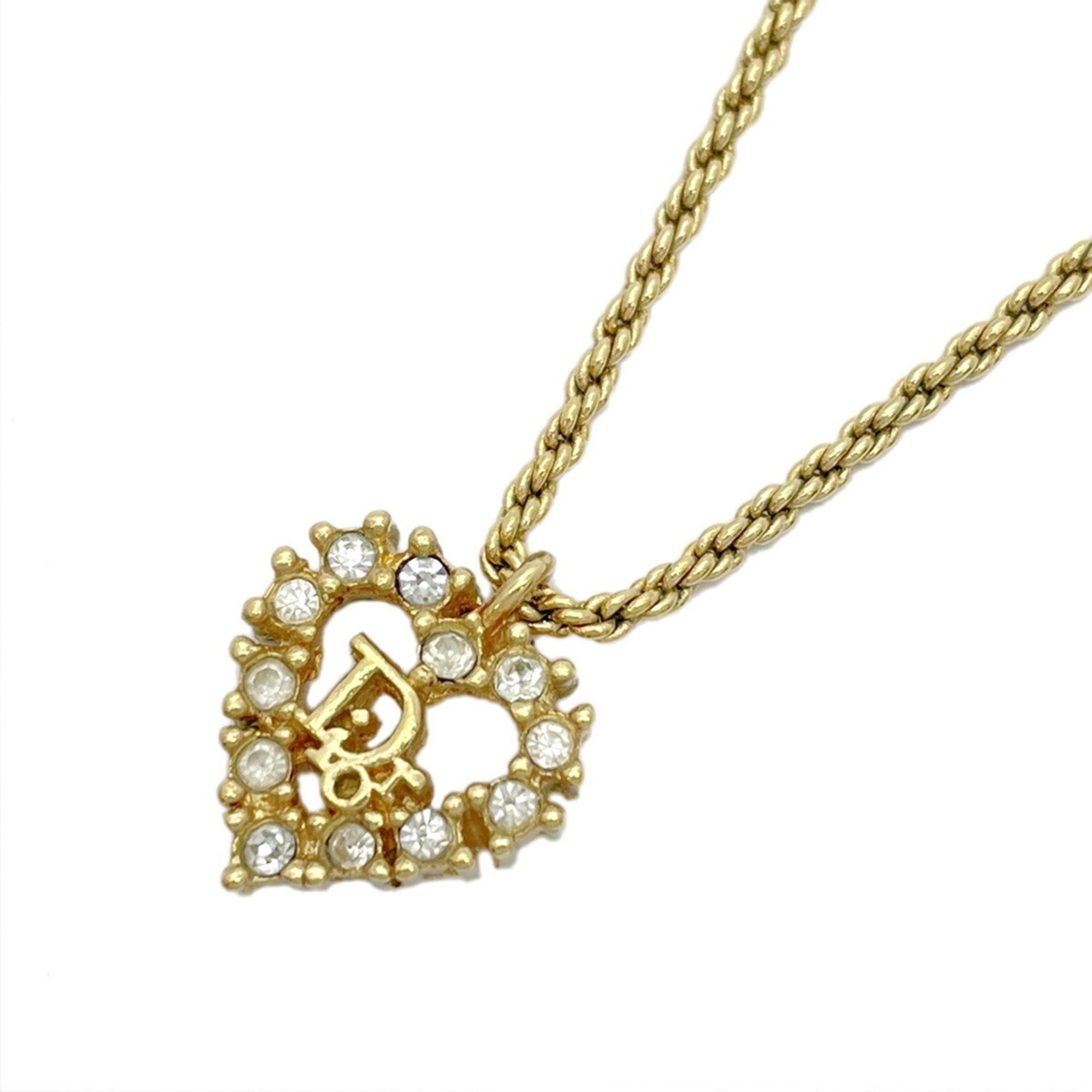 Christian Dior Necklace Heart Motif Rhinestone GP Plated Gold Women's