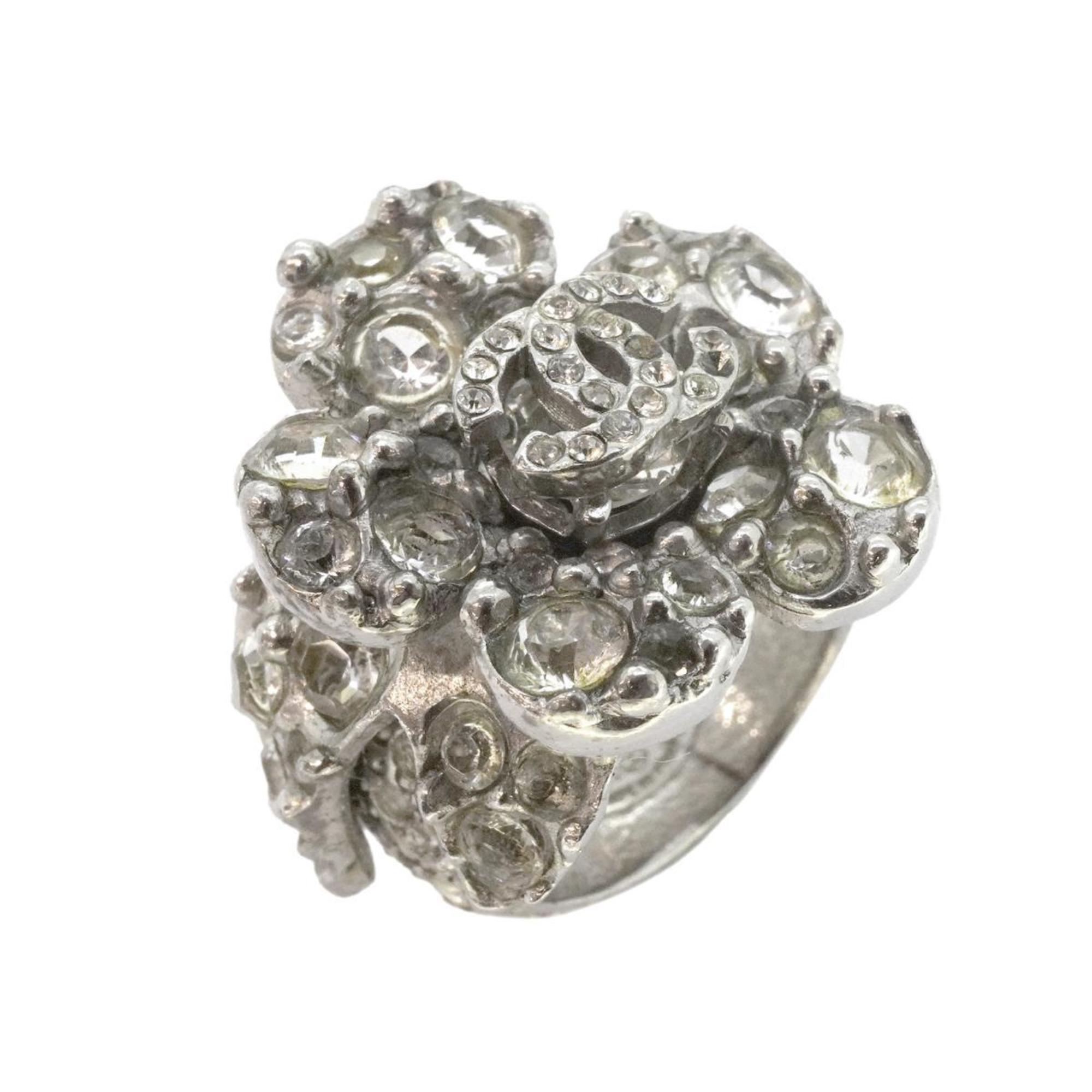 Chanel Ring Coco Mark Camellia Rhinestone Metal Silver 06V Women's