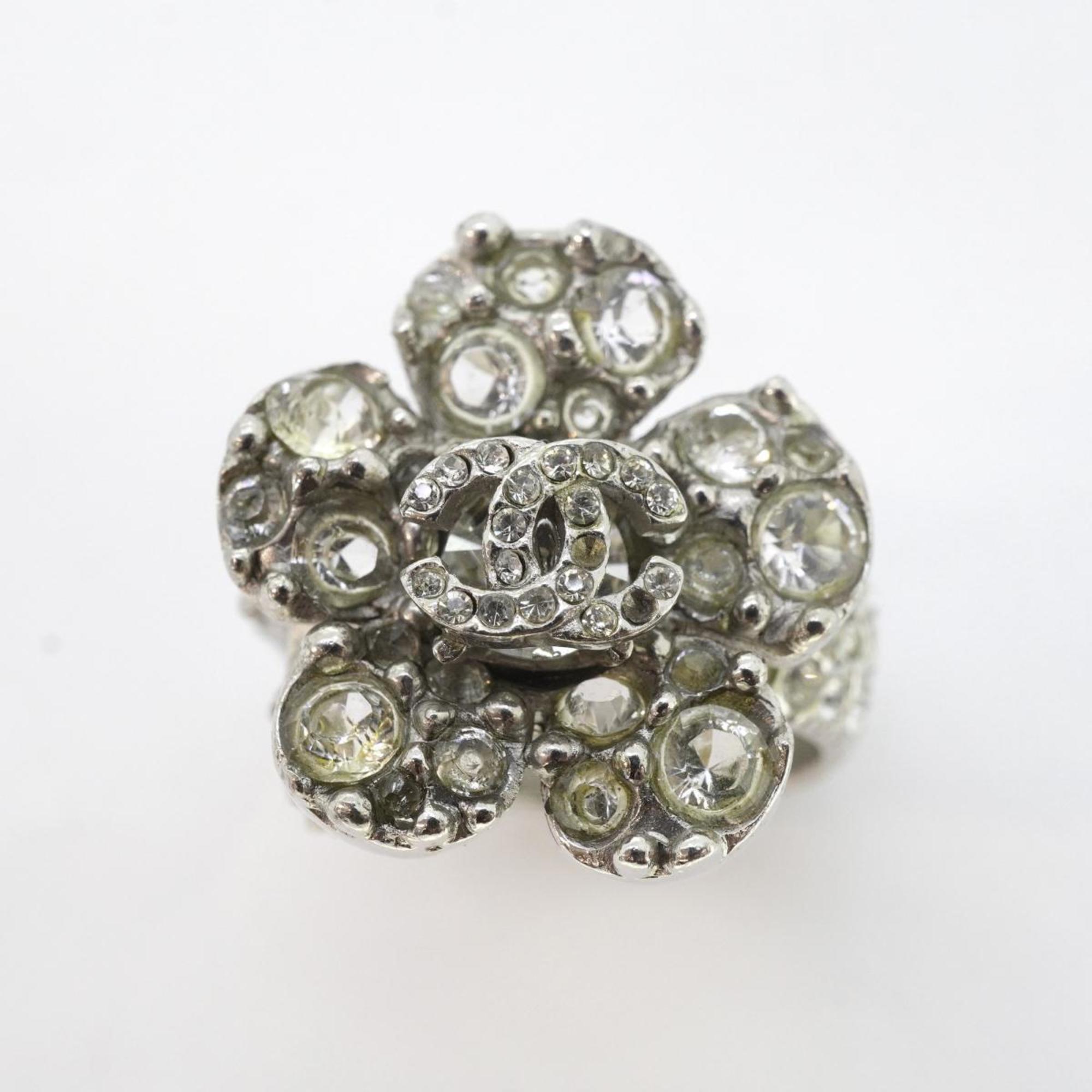 Chanel Ring Coco Mark Camellia Rhinestone Metal Silver 06V Women's