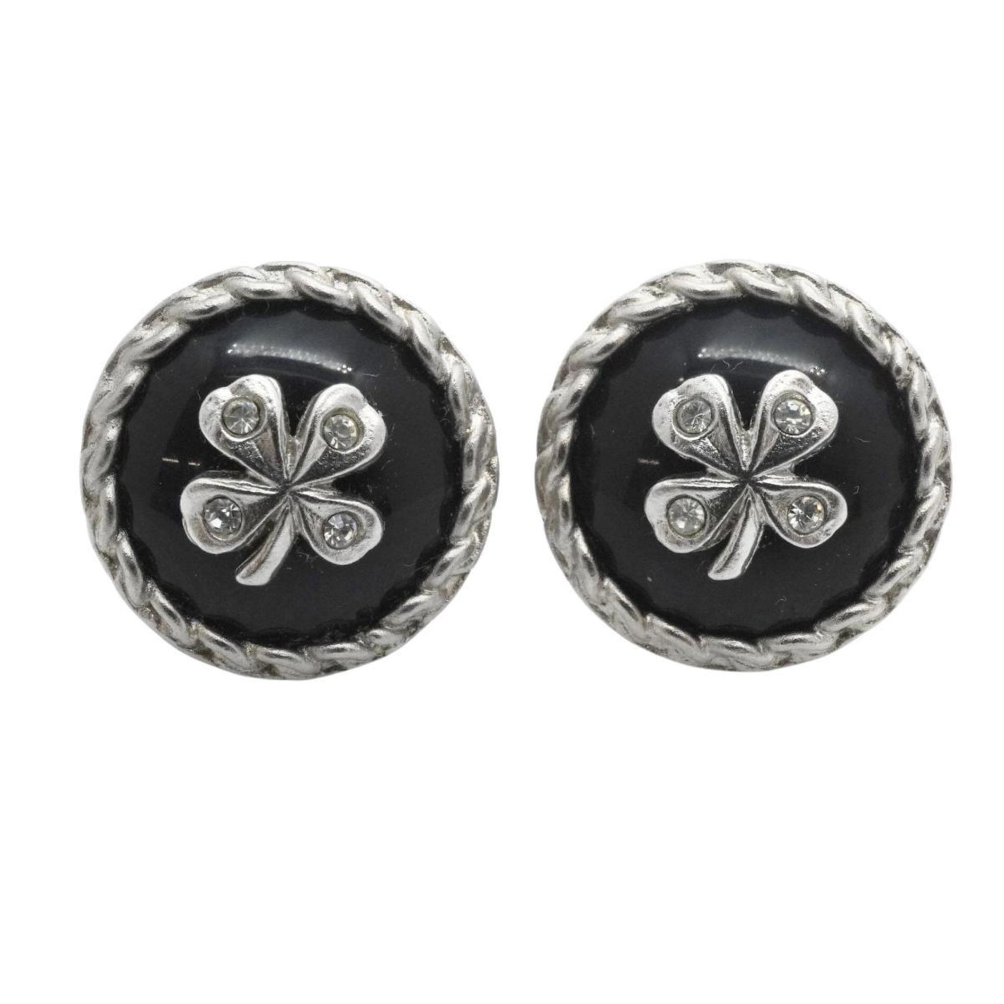 Chanel Earrings Circle Clover Rhinestone Metal Silver Black 98A Women's