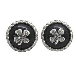 Chanel Earrings Circle Clover Rhinestone Metal Silver Black 98A Women's