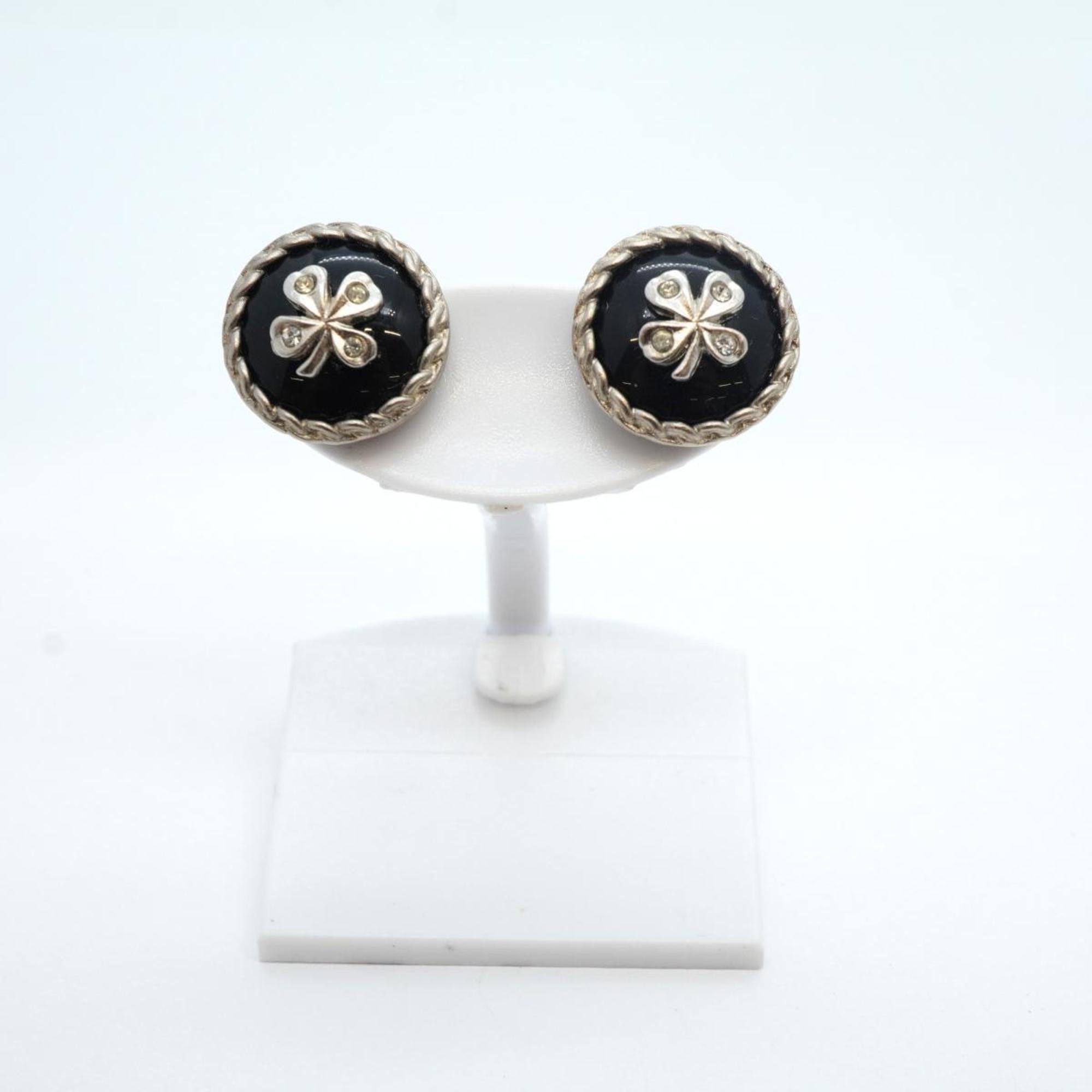 Chanel Earrings Circle Clover Rhinestone Metal Silver Black 98A Women's