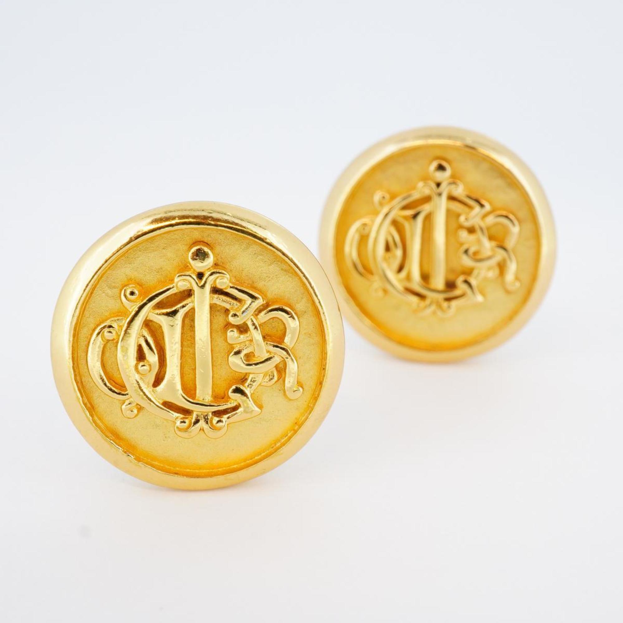 Christian Dior Earrings Circle Emblem GP Plated Gold Women's