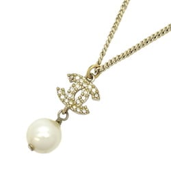 Chanel Necklace Coco Mark Fake Pearl Rhinestone GP Plated Champagne Gold A12P Women's