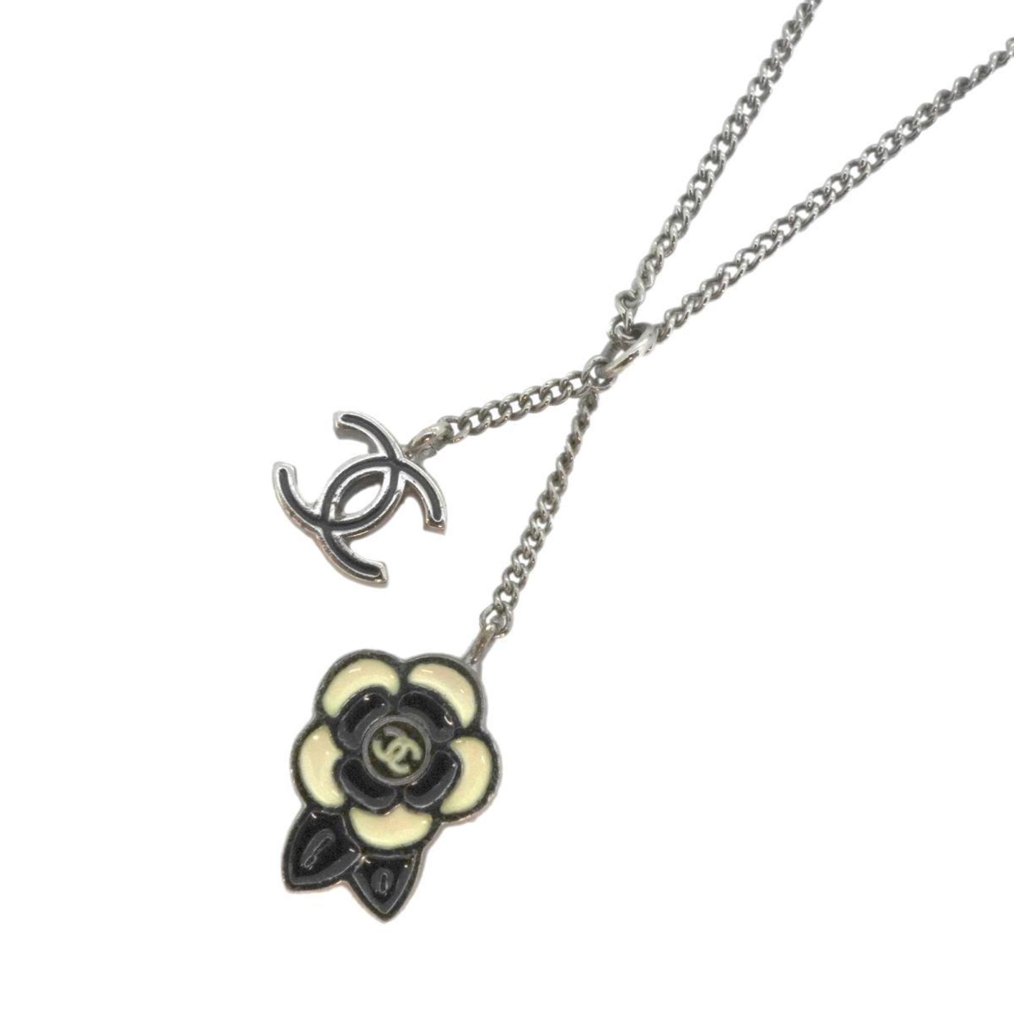 Chanel Necklace Coco Mark Camellia Metal Silver White Black 05P Women's