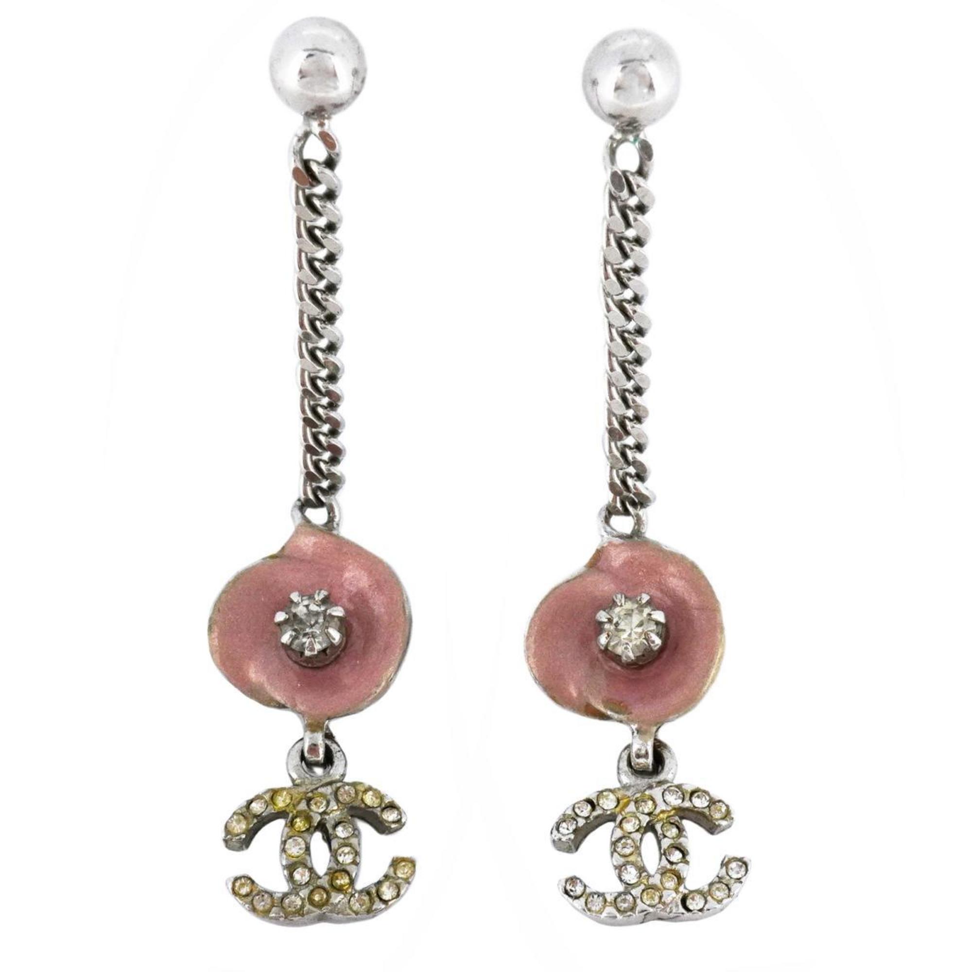 Chanel Earrings Coco Mark Flower Motif Rhinestone Metal Silver Pink 04P Women's