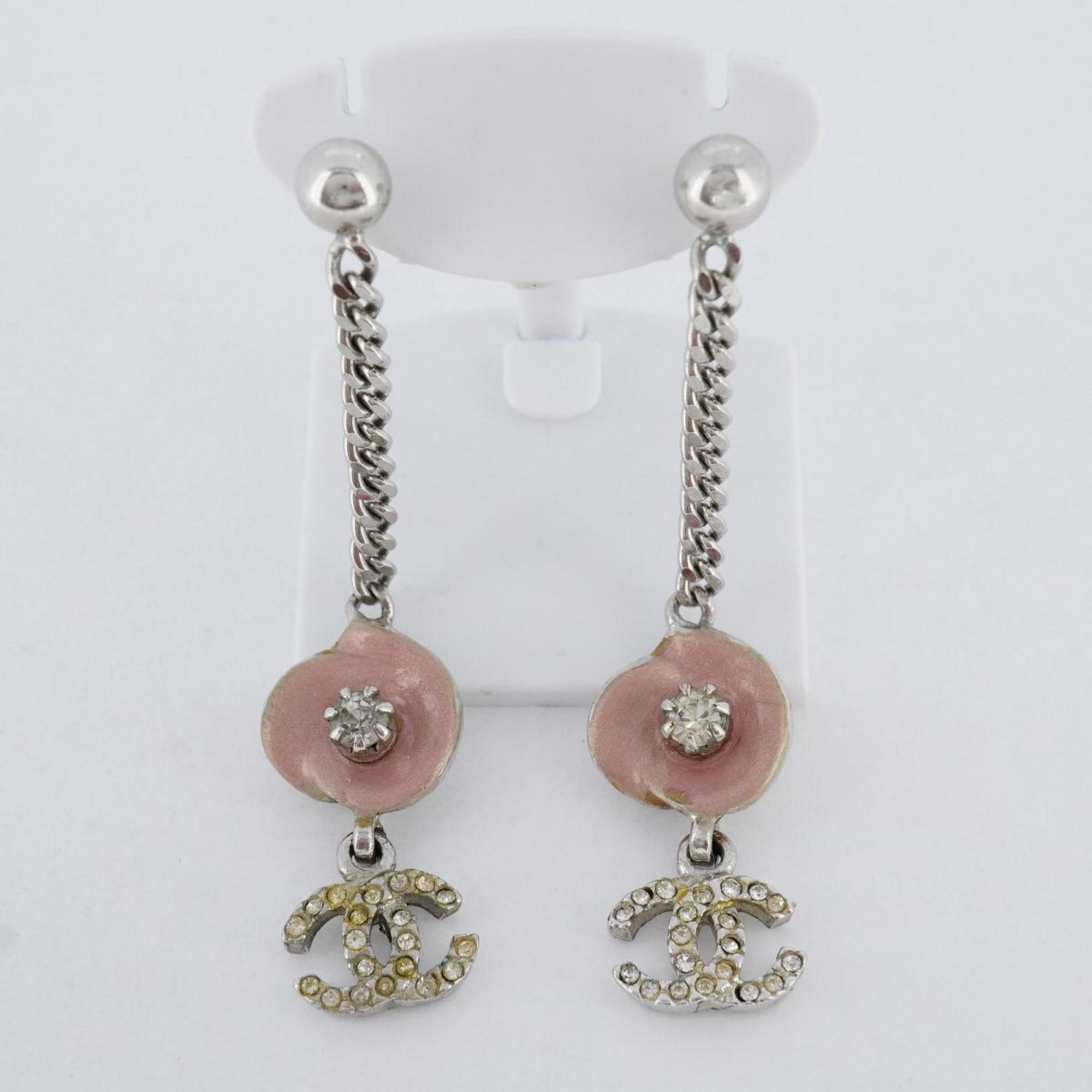 Chanel Earrings Coco Mark Flower Motif Rhinestone Metal Silver Pink 04P Women's