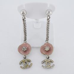 Chanel Earrings Coco Mark Flower Motif Rhinestone Metal Silver Pink 04P Women's