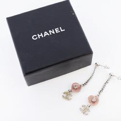 Chanel Earrings Coco Mark Flower Motif Rhinestone Metal Silver Pink 04P Women's