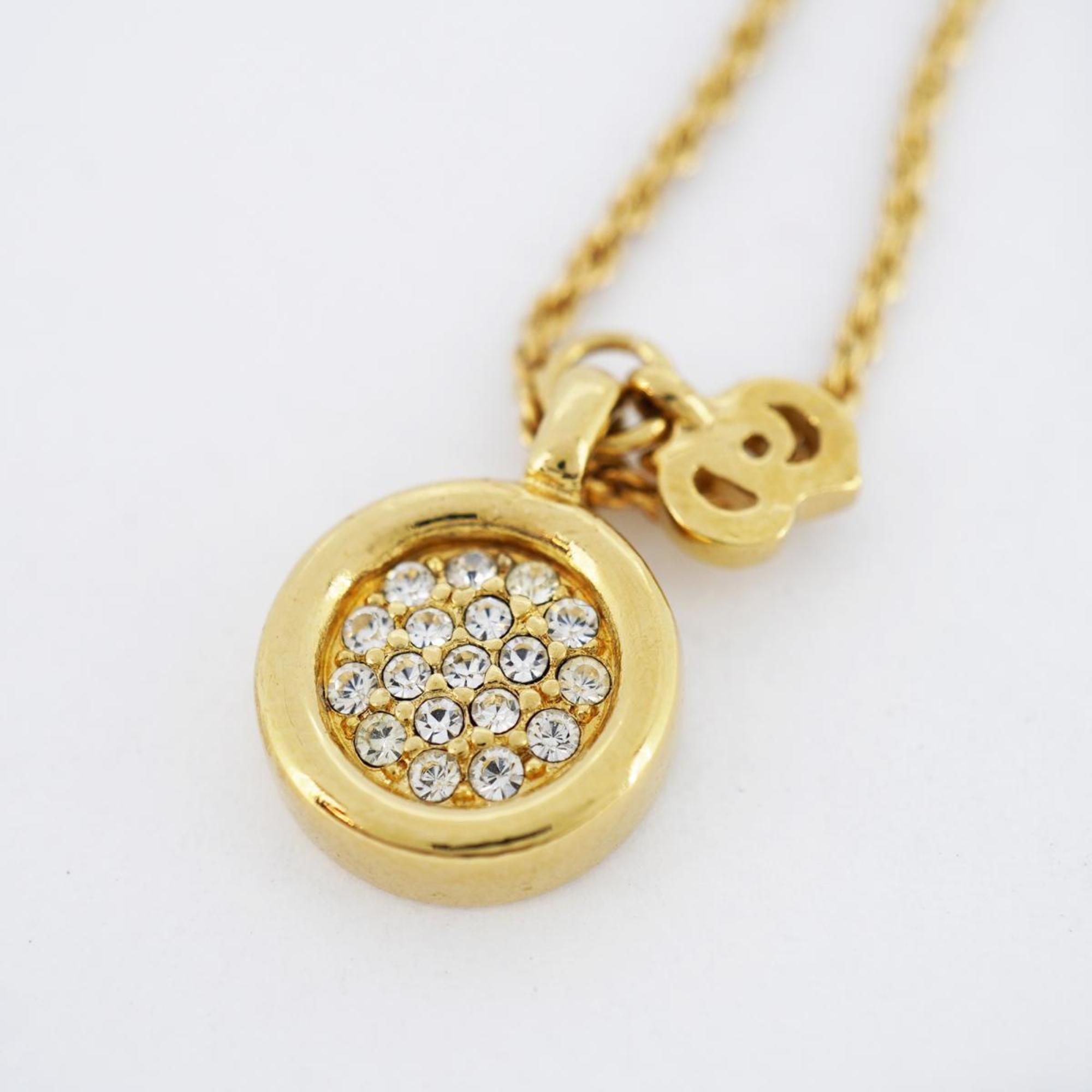 Christian Dior Necklace CD Circle Rhinestone GP Plated Gold Women's