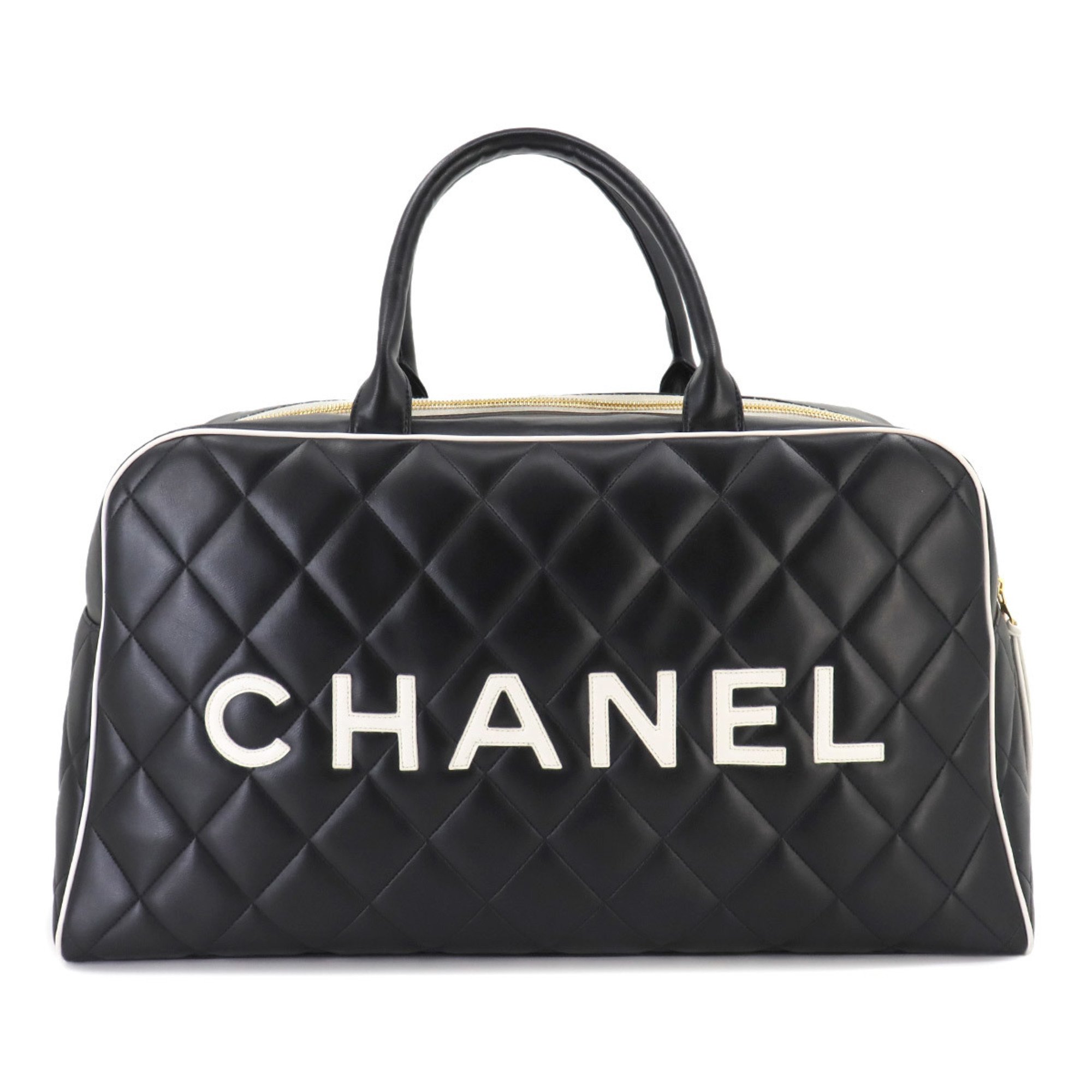 CHANEL Matelasse Boston Bag Leather Black A05943 Gold Hardware