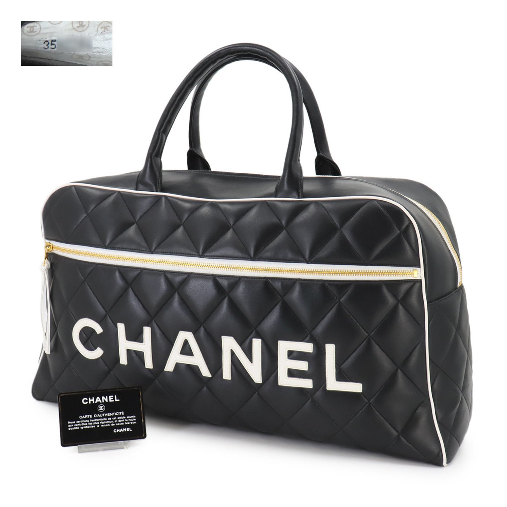 CHANEL Matelasse Boston Bag Leather Black A05943 Gold Hardware