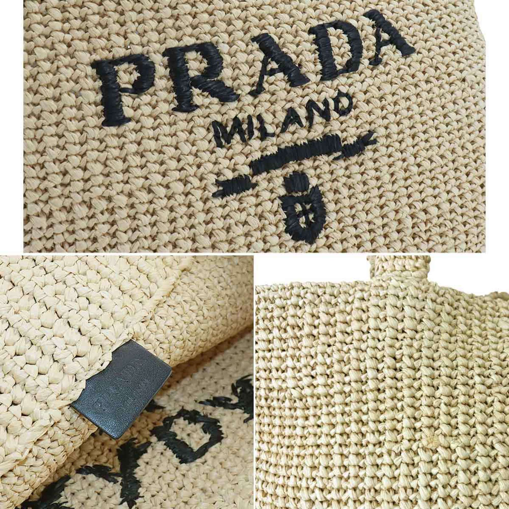 PRADA Crochet Raffia Natural Black 1BG392 Tote Bag