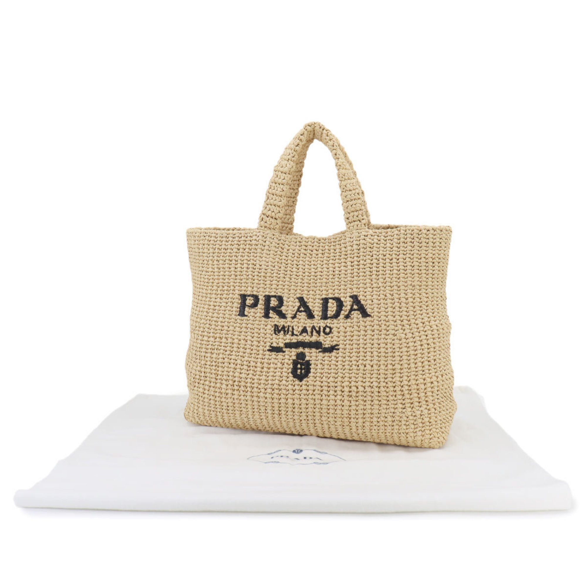 PRADA Crochet Raffia Natural Black 1BG392 Tote Bag