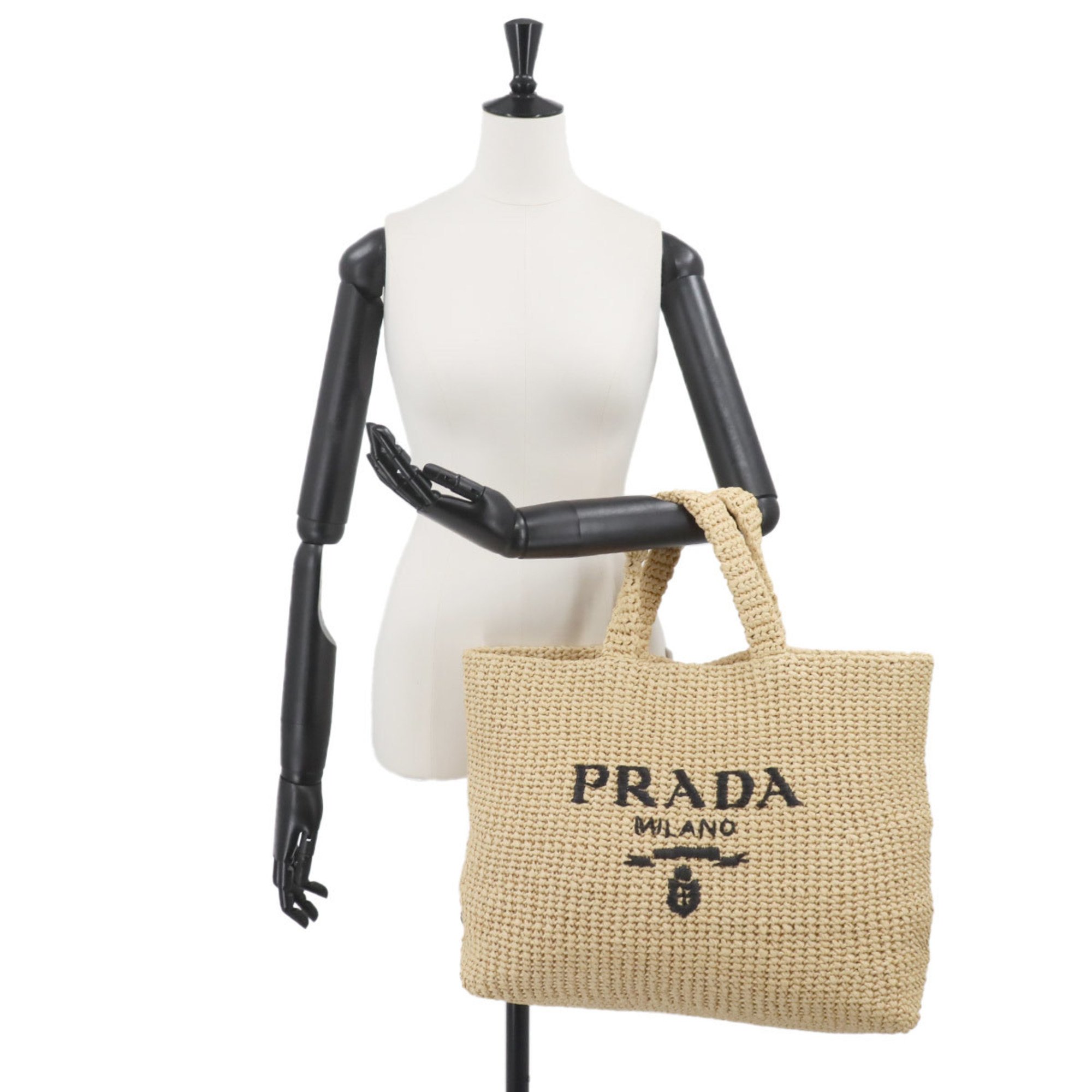 PRADA Crochet Raffia Natural Black 1BG392 Tote Bag