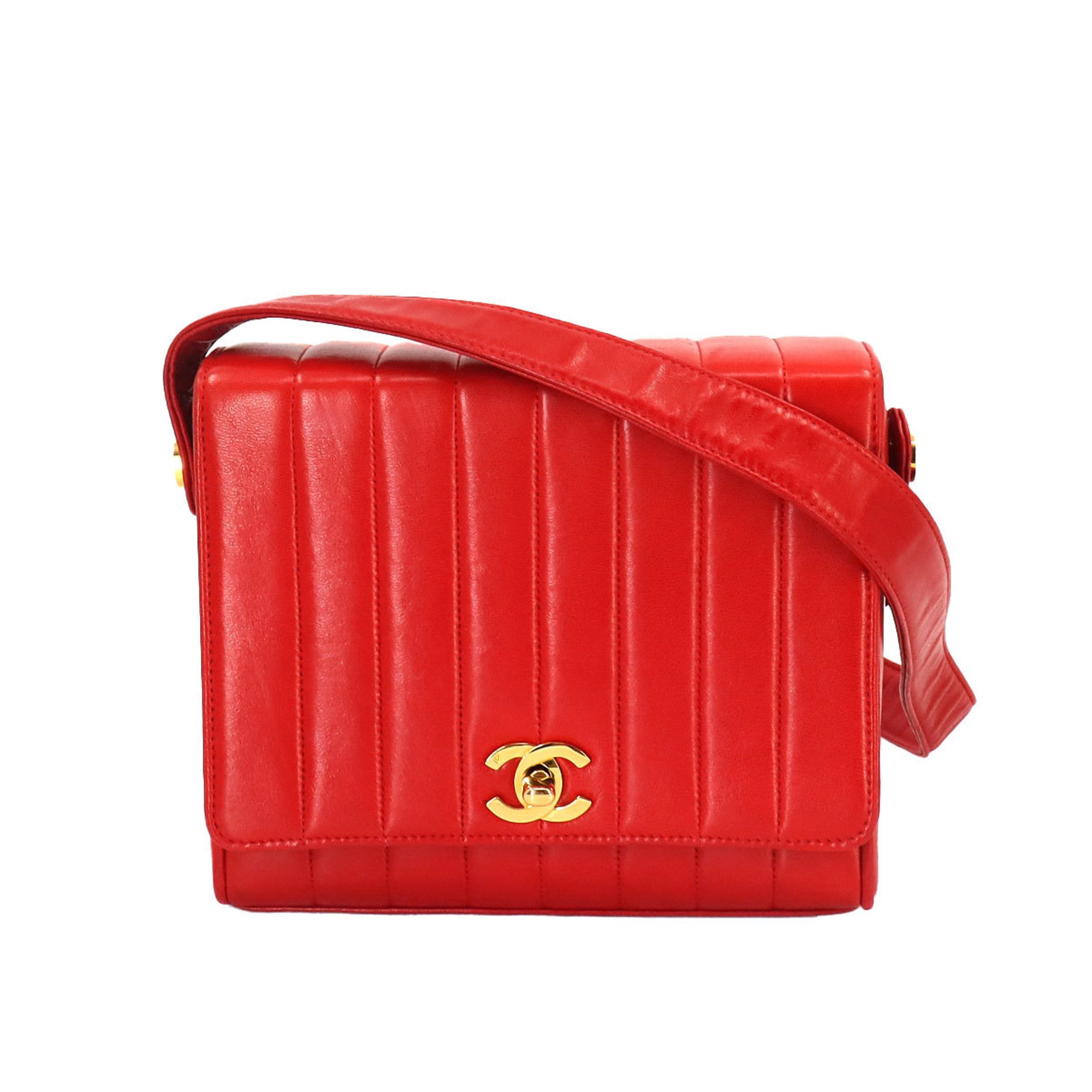 CHANEL Mademoiselle Shoulder Bag Leather Red Gold Metal Fittings