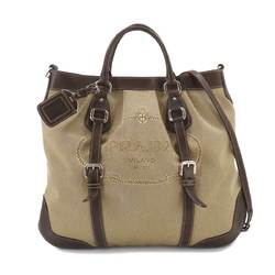 PRADA Jacquard 2way Tote Shoulder Bag Canvas Leather Beige Brown Logo