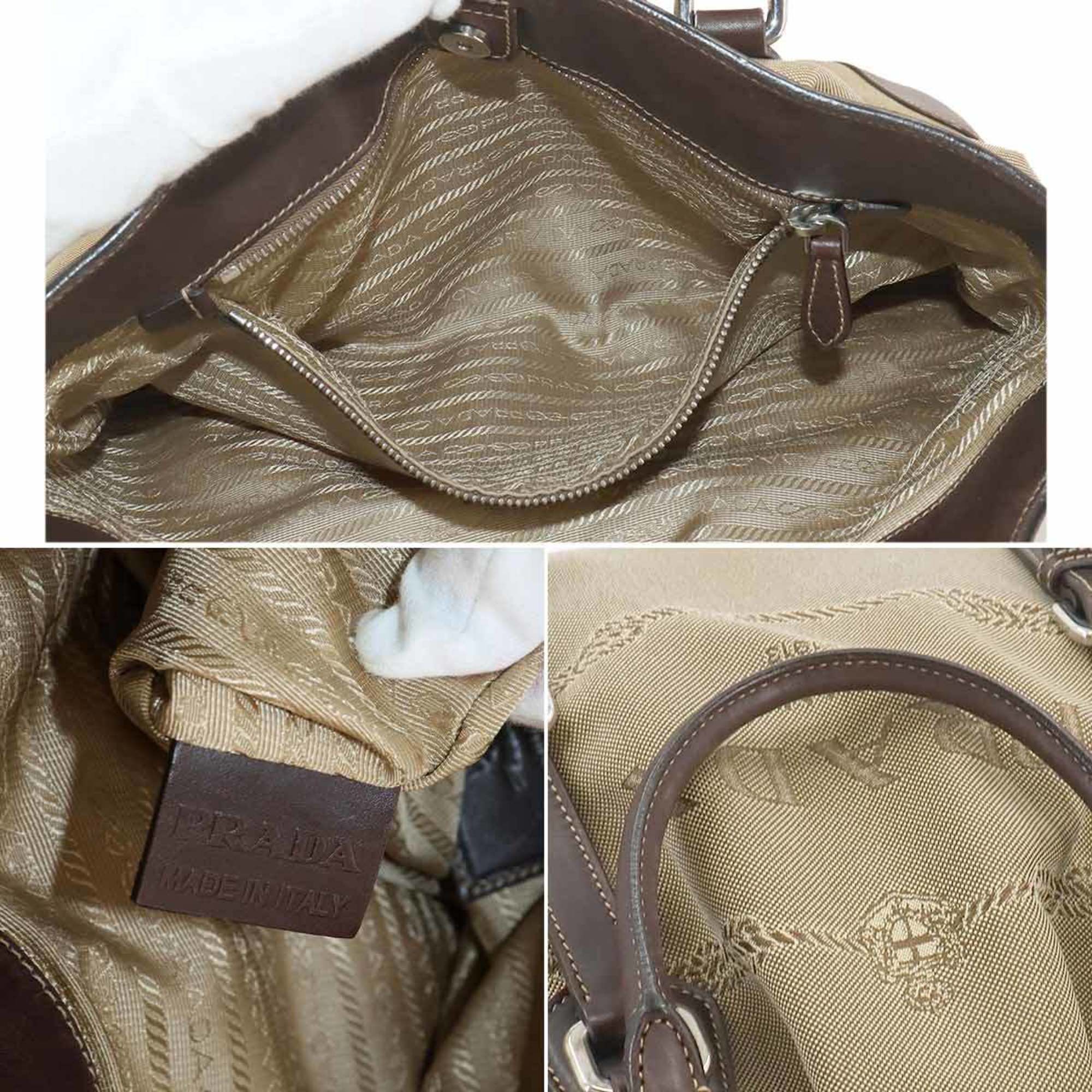 PRADA Jacquard 2way Tote Shoulder Bag Canvas Leather Beige Brown Logo