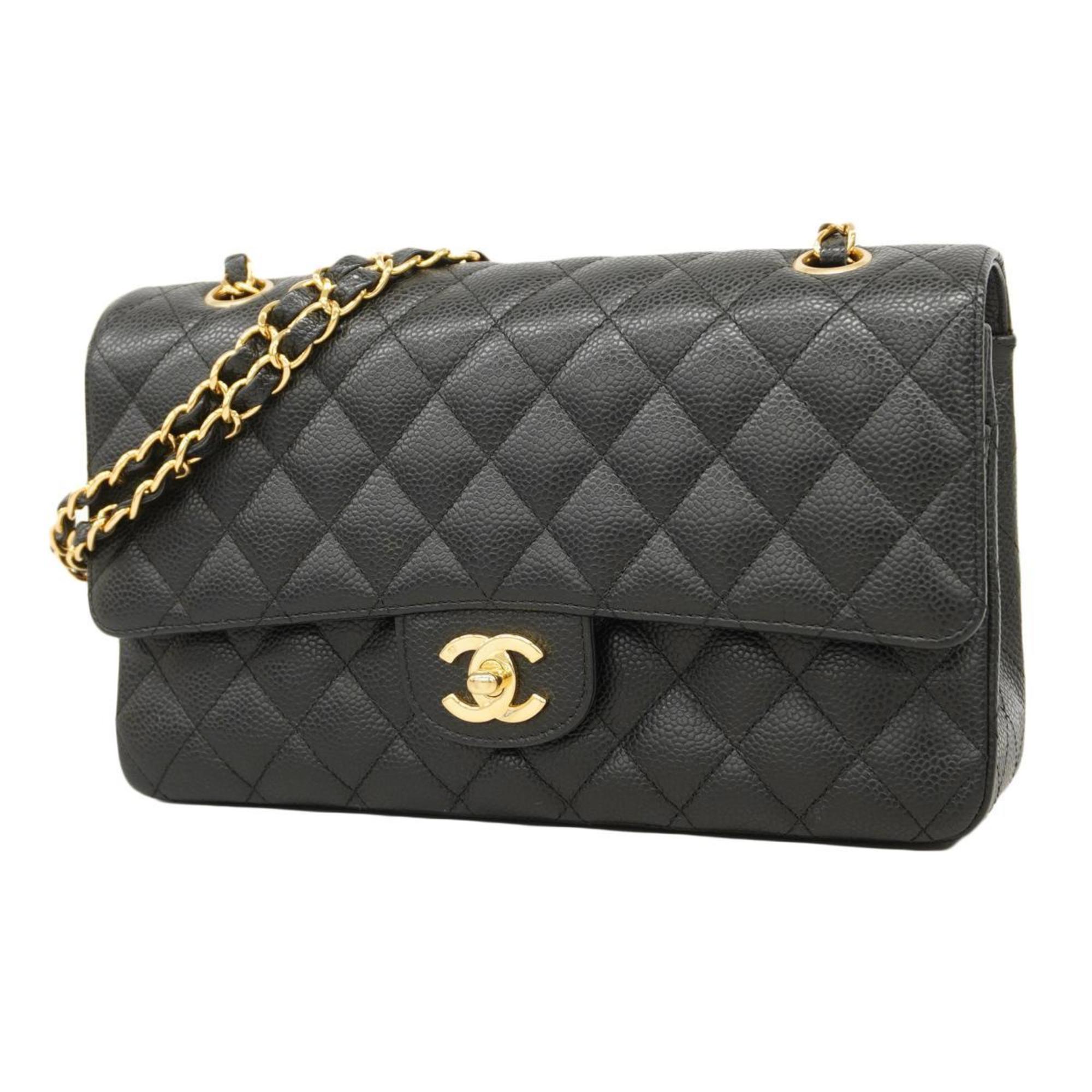 Chanel Shoulder Bag Matelasse W Flap Chain Caviar Skin Black Women's