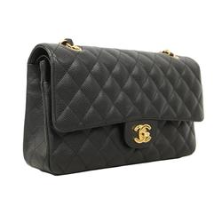 Chanel Shoulder Bag Matelasse W Flap Chain Caviar Skin Black Women's