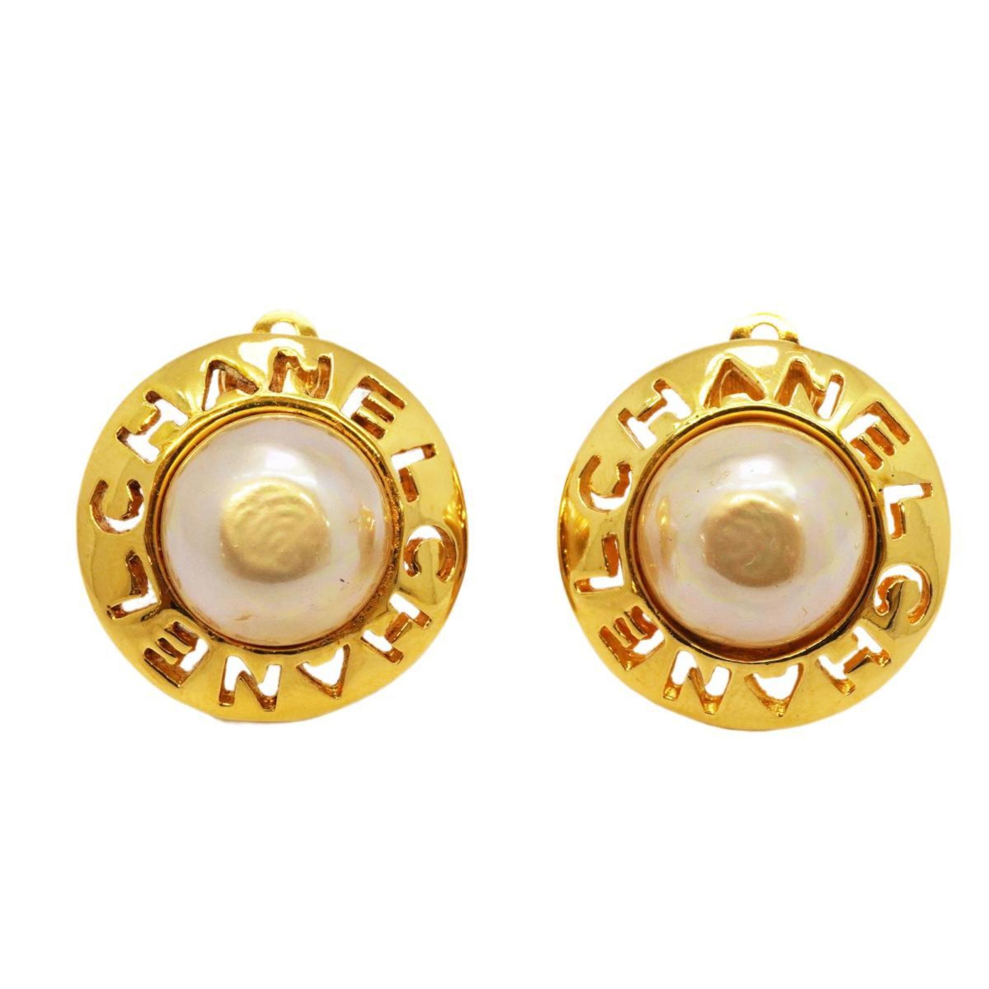 Chanel Earrings Circle Faux Pearl GP Plated Gold Women's