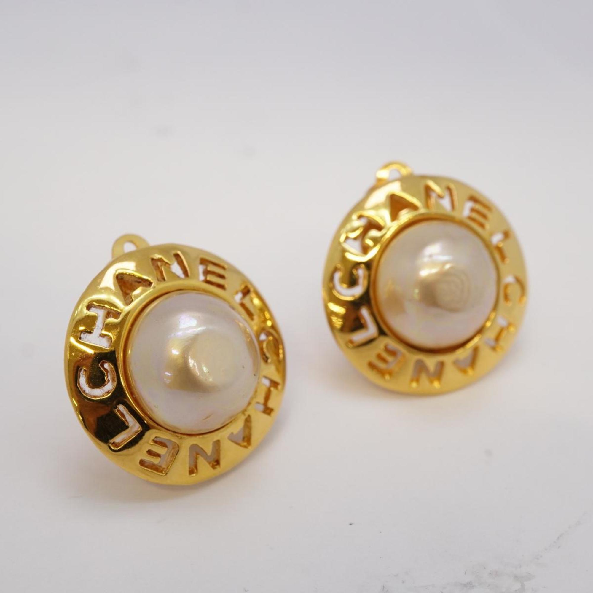 Chanel Earrings Circle Faux Pearl GP Plated Gold Women's