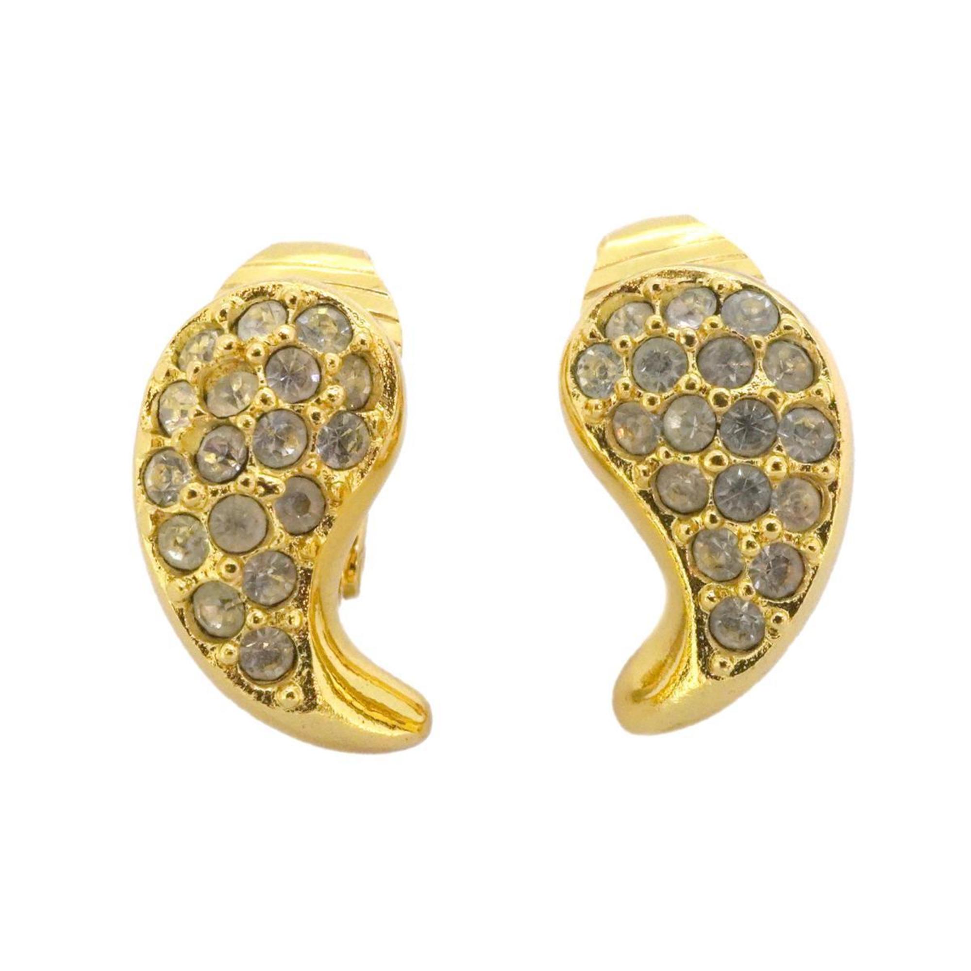 Christian Dior Earrings Drop Motif Rhinestone GP Plated Gold Women's