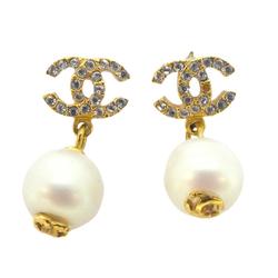 Chanel Earrings Coco Mark Fake Pearl Rhinestone GP Plated Gold Women's