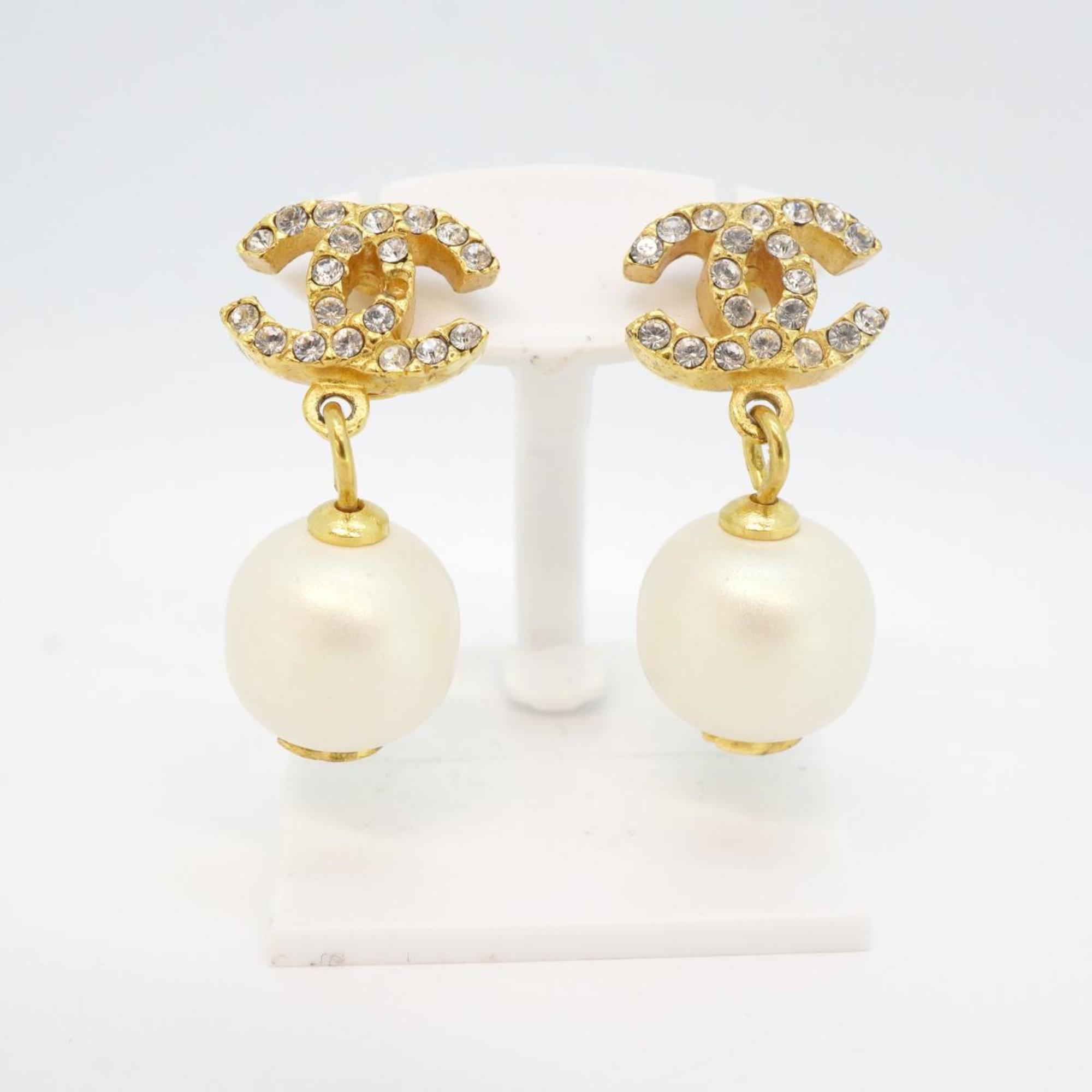 Chanel Earrings Coco Mark Fake Pearl Rhinestone GP Plated Gold Women's