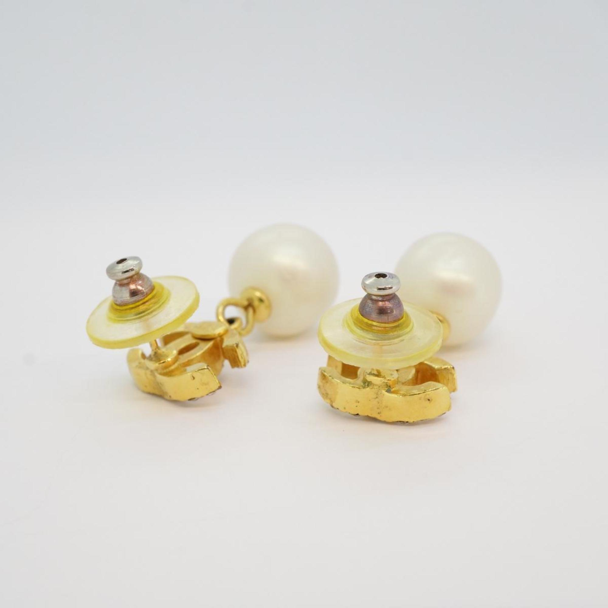 Chanel Earrings Coco Mark Fake Pearl Rhinestone GP Plated Gold Women's